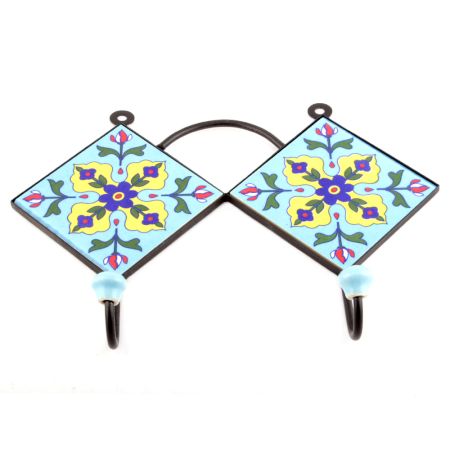 Turquoise And Navy Blue Tiny Flower Tiles Hooks
